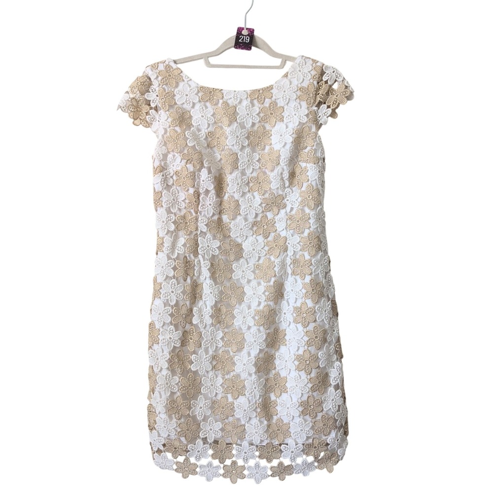 Lilly Pulitzer White Gold Floral Lace Shift Dress Cap Sleeve V-Back Mini Size 8 - Picture 3 of 6